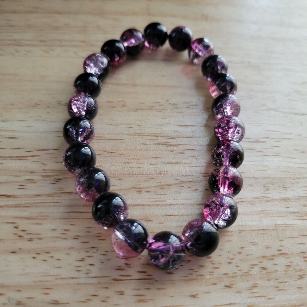 Purple Black Rock Crystal Stretchy Bracelet Crackled Beaded